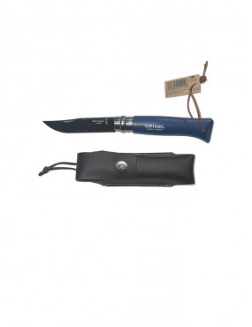 Navaja Opinel Mod. N° 08. Con Funda y Lazo de Cuero Color  Azul.